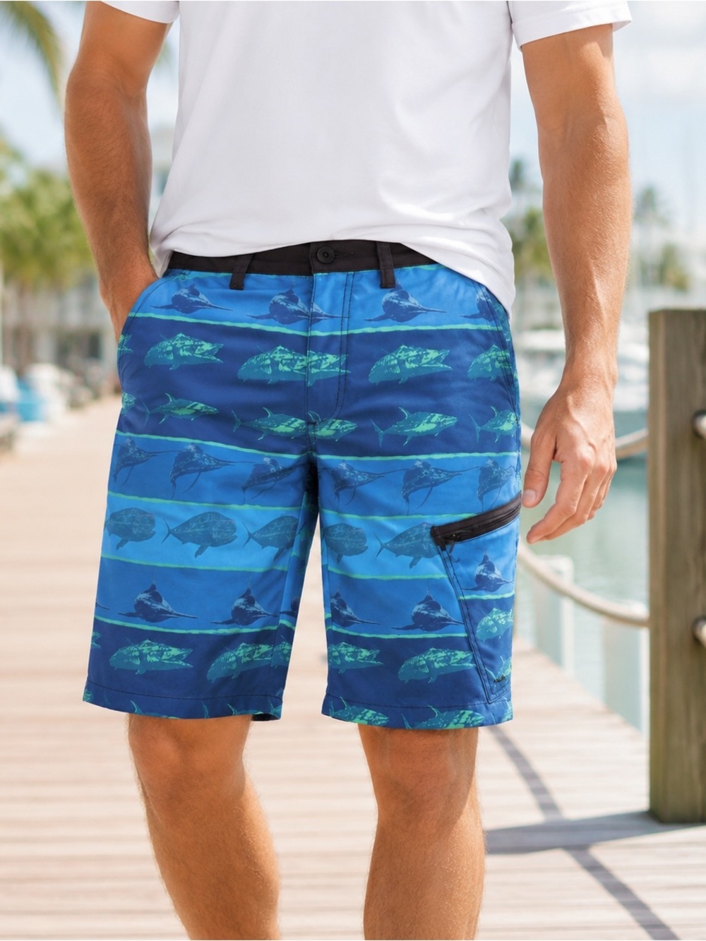 Huk Men's Size 30 Fishing Board Shorts Blue Fish Print Performance Swim Hybrid